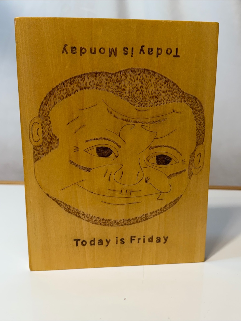 Wooden Flip Block Art "Today is Friday" - Smiling Sad Face Vintage 1999 Office